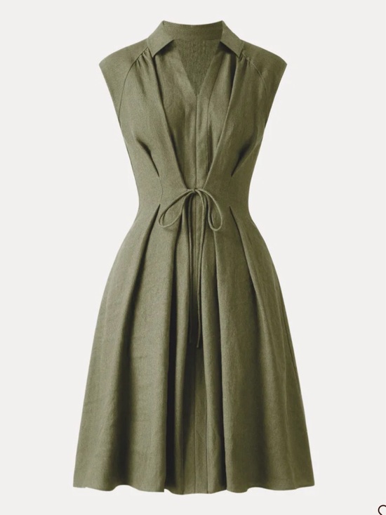 OGL Dresses & Skirts - OGL Viscose-Linen Collared V-neck Midi Dress with Drawstring